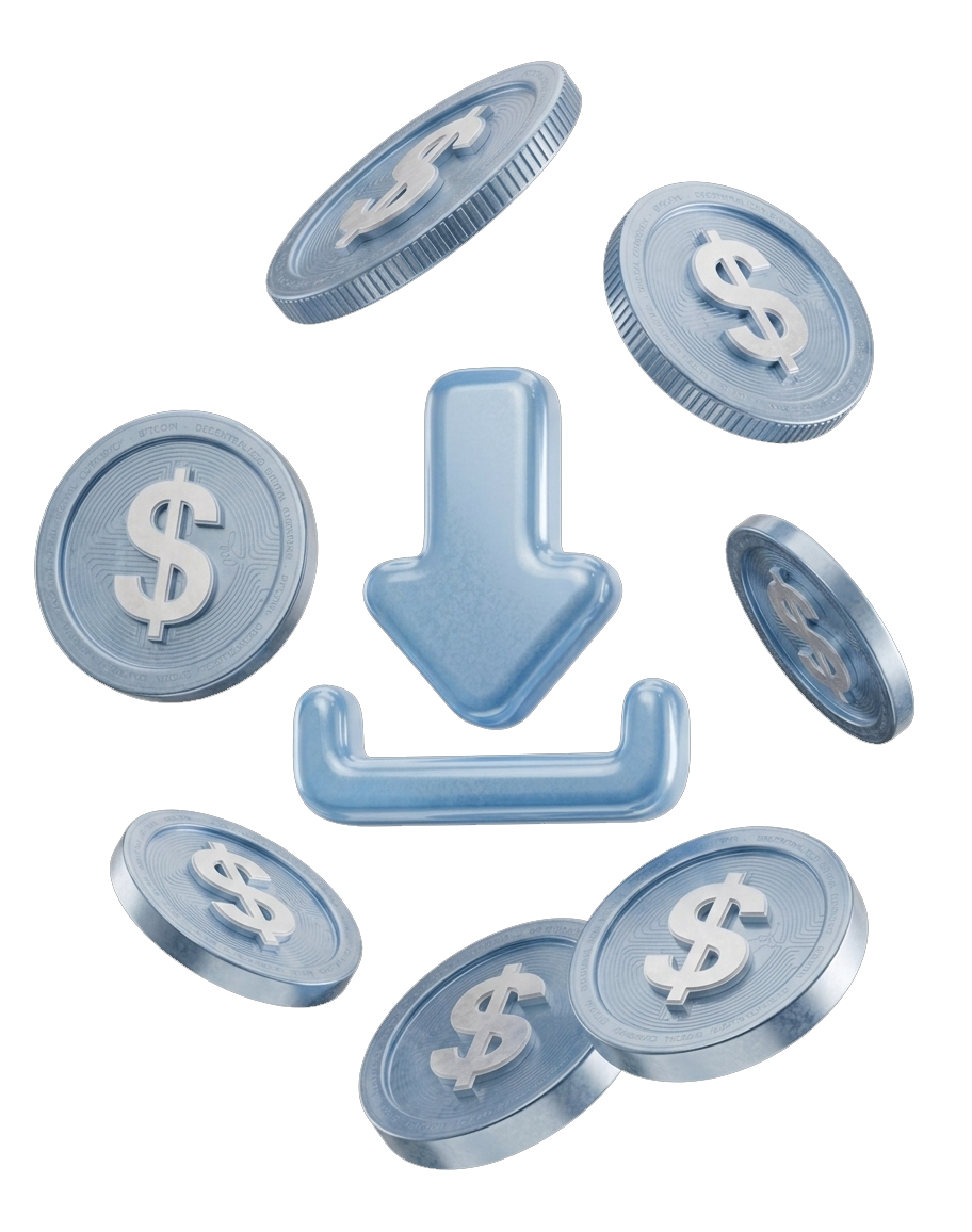 3D download arrow surrounded by silver dollar coins