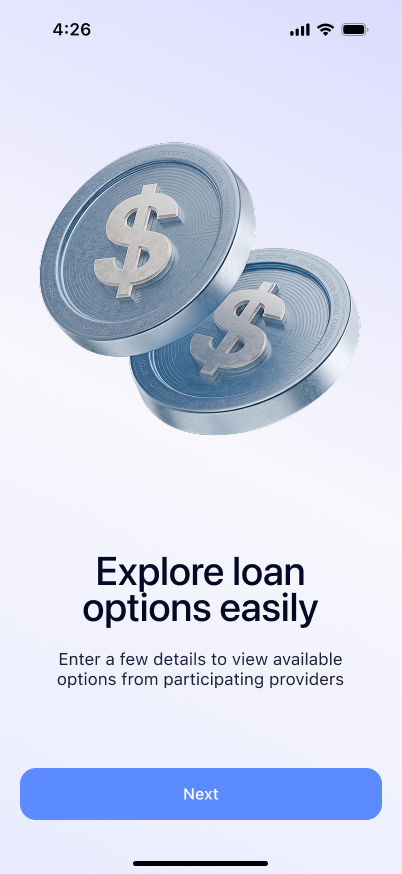 iOS onboarding screen with floating 3D dollar coins and the headline Explore loan options easily
